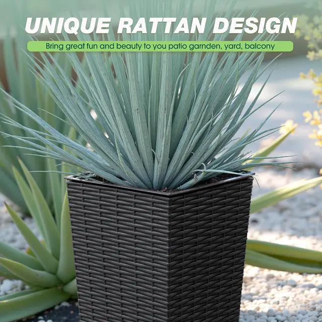 Alt view image 3 of 7 - Resin Rattan-Design Planters Set of 2, 24'' Tall Flowerpot with Additional Pot for Soil, Durable Weather-Resistant Planter with Drainage Holes for Garden, Patio, Backyard (Black, Small)