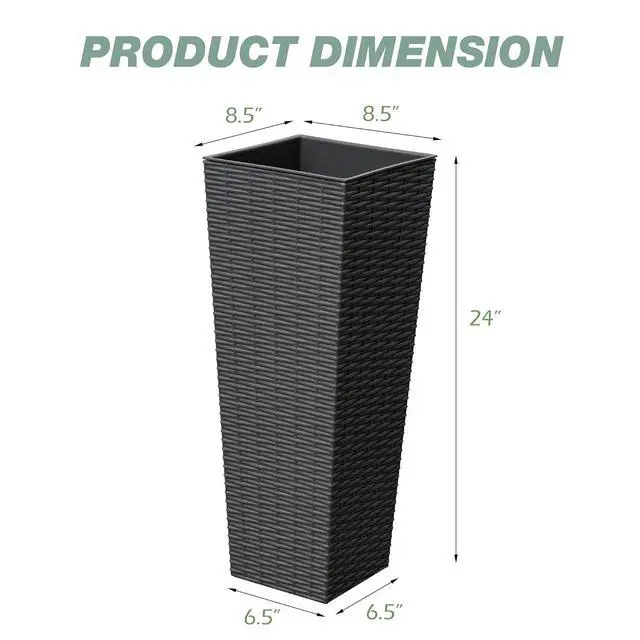 Alt view image 5 of 7 - Resin Rattan-Design Planters Set of 2, 24'' Tall Flowerpot with Additional Pot for Soil, Durable Weather-Resistant Planter with Drainage Holes for Garden, Patio, Backyard (Black, Small)