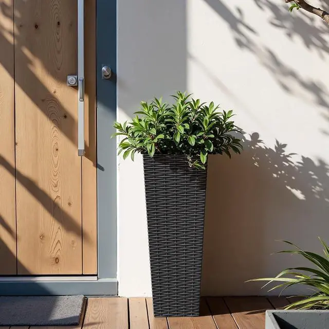 Alt view image 6 of 7 - Resin Rattan-Design Planters Set of 2, 24'' Tall Flowerpot with Additional Pot for Soil, Durable Weather-Resistant Planter with Drainage Holes for Garden, Patio, Backyard (Black, Small)