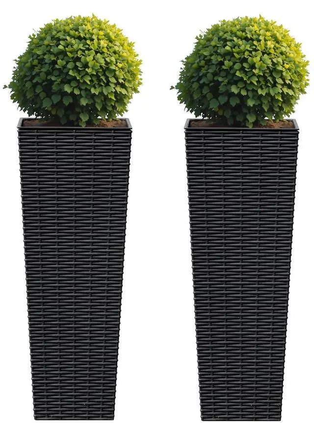 Main image of Resin Rattan-Design Planters Set of 2, 24'' Tall Flowerpot with Additional Pot for Soil, Durable Weather-Resistant Planter with Drainage Holes for Garden, Patio, Backyard (Black, Small)