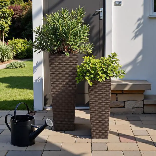 Alt view image 7 of 7 - Resin Rattan-Design Planters Set of 2, 24'' Tall Flowerpot with Additional Pot for Soil, Durable Weather-Resistant Planter with Drainage Holes for Garden, Patio, Backyard (Black, Small)