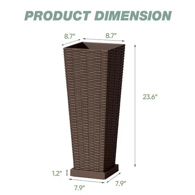 Alt view image 2 of 7 - Set of 2 Resin Rattan Planters with Tray for Indoor Outdoor, 24'' Tall Flower Pots with Drainage Holes&Inner Pot, Tapered Planters for Garden, Patio, Porch (Brown, Small)