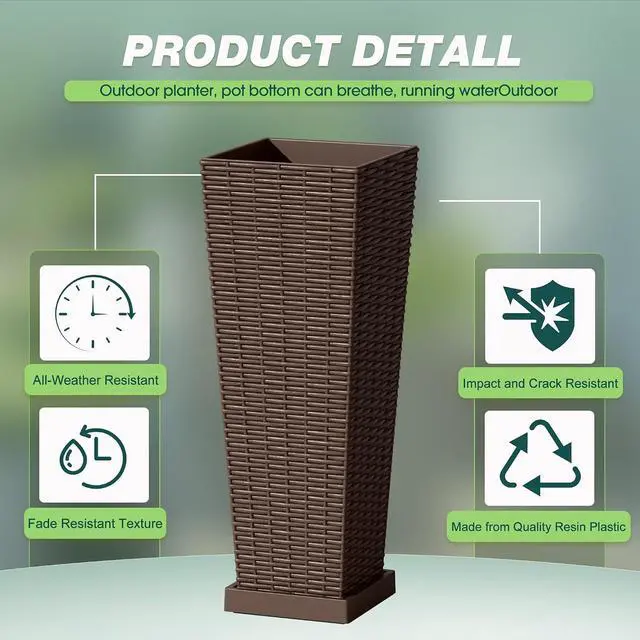 Alt view image 3 of 7 - Set of 2 Resin Rattan Planters with Tray for Indoor Outdoor, 24'' Tall Flower Pots with Drainage Holes&Inner Pot, Tapered Planters for Garden, Patio, Porch (Brown, Small)