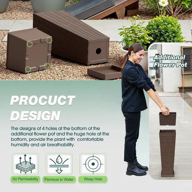 Alt view image 5 of 7 - Set of 2 Resin Rattan Planters with Tray for Indoor Outdoor, 24'' Tall Flower Pots with Drainage Holes&Inner Pot, Tapered Planters for Garden, Patio, Porch (Brown, Small)