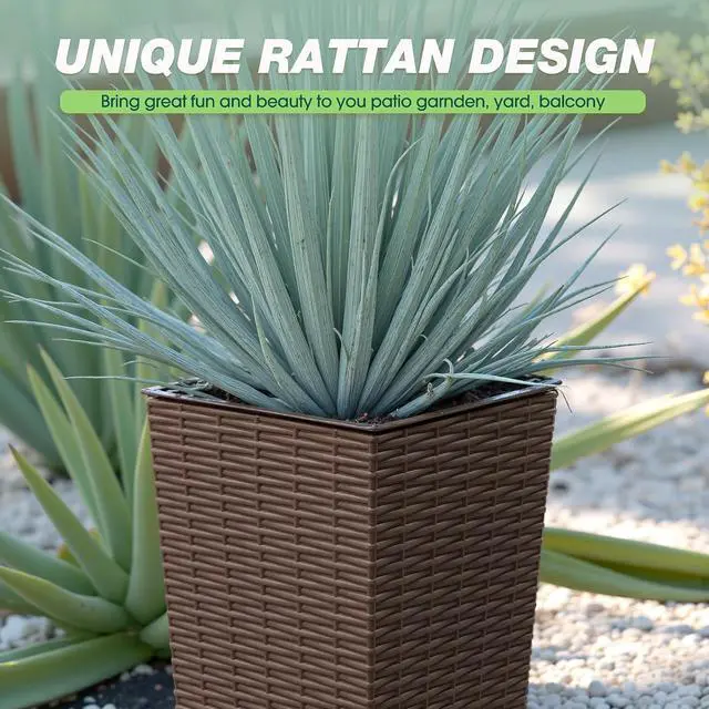 Alt view image 4 of 7 - Set of 2 Resin Rattan Planters with Tray for Indoor Outdoor, 24'' Tall Flower Pots with Drainage Holes&Inner Pot, Tapered Planters for Garden, Patio, Porch (Brown, Small)