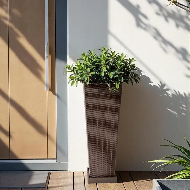Alt view image 6 of 7 - Set of 2 Resin Rattan Planters with Tray for Indoor Outdoor, 24'' Tall Flower Pots with Drainage Holes&Inner Pot, Tapered Planters for Garden, Patio, Porch (Brown, Small)