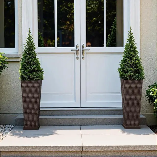 Alt view image 7 of 7 - Set of 2 Resin Rattan Planters with Tray for Indoor Outdoor, 24'' Tall Flower Pots with Drainage Holes&Inner Pot, Tapered Planters for Garden, Patio, Porch (Brown, Small)