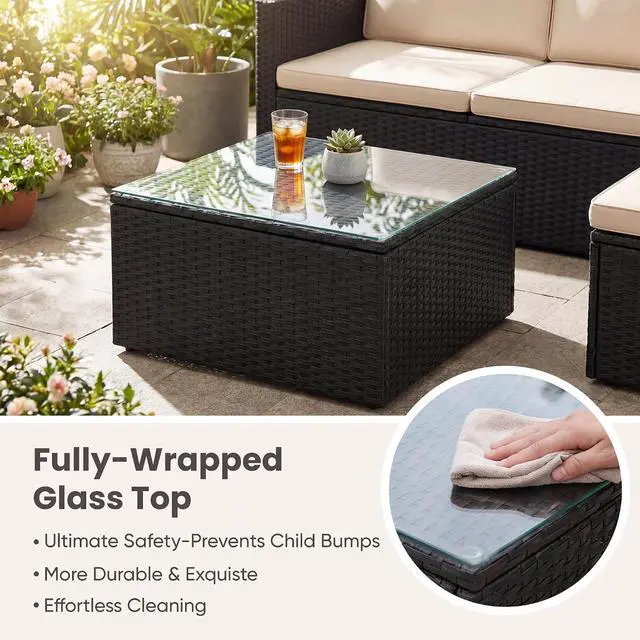 Alt view image 3 of 7 - Patio Sofa,Outdoor Furniture Set 4 Pieces,Wicker Sectional Couch with Glass Desktop and 75.9in Wide Backrest for Backyard, Deck,Porch & Poolside(Black)