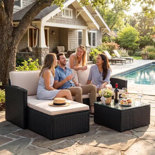 Alt view image 7 of 7 - Patio Sofa,Outdoor Furniture Set 4 Pieces,Wicker Sectional Couch with Glass Desktop and 75.9in Wide Backrest for Backyard, Deck,Porch & Poolside(Black)