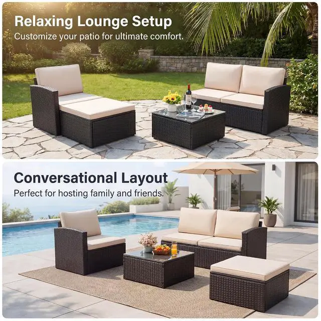 Alt view image 6 of 7 - Patio Sofa,Outdoor Furniture Set 4 Pieces,Wicker Sectional Couch with Glass Desktop and 75.9in Wide Backrest for Backyard, Deck,Porch & Poolside(Black)