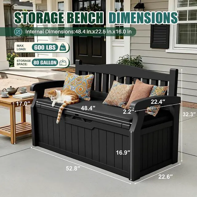 Alt view image 2 of 6 - 80 Gallon Storage Bench with Cushion, Lockable Deck Box for Patio Furniture, Garden Decor and Outdoor Seating for Cushions, Garden Tools and Pool Supplies (Black, 80 Gallon with Cushion)