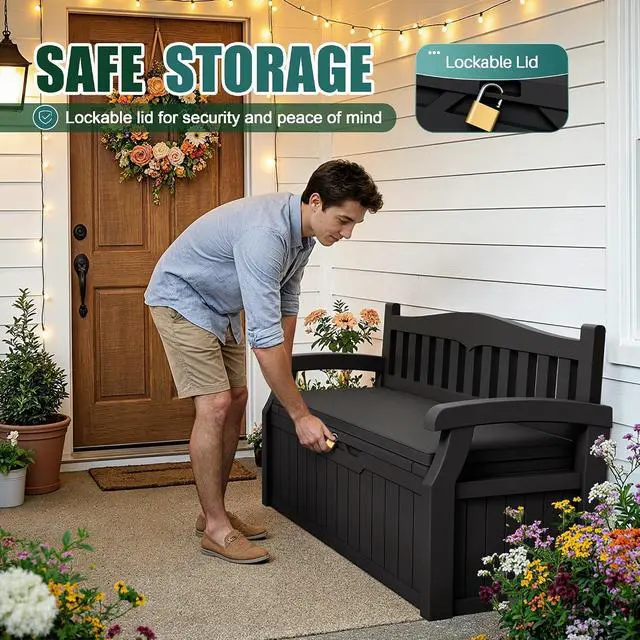 Alt view image 5 of 6 - 80 Gallon Storage Bench with Cushion, Lockable Deck Box for Patio Furniture, Garden Decor and Outdoor Seating for Cushions, Garden Tools and Pool Supplies (Black, 80 Gallon with Cushion)