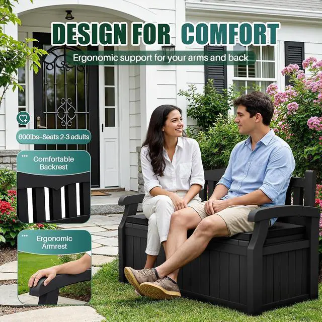 Alt view image 4 of 6 - 80 Gallon Storage Bench with Cushion, Lockable Deck Box for Patio Furniture, Garden Decor and Outdoor Seating for Cushions, Garden Tools and Pool Supplies (Black, 80 Gallon with Cushion)