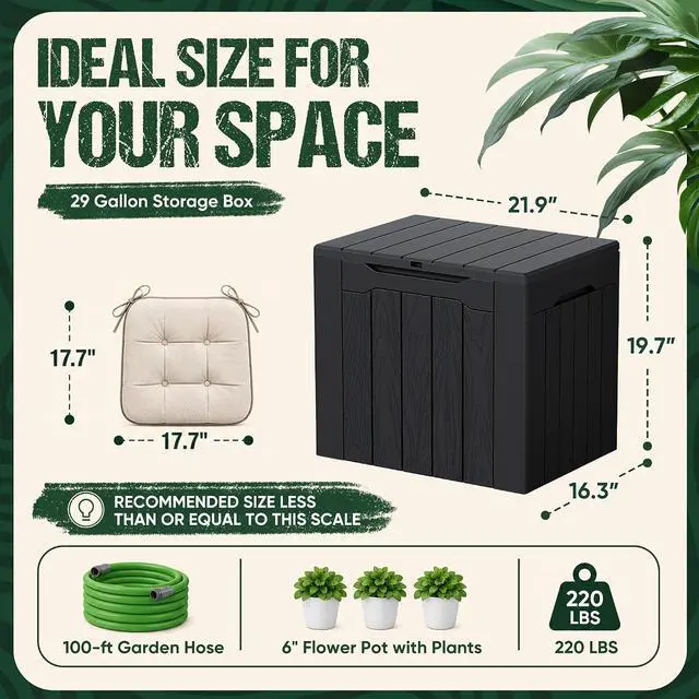 Alt view image 6 of 7 - 29 Gallon Waterproof Outdoor Storage Box Resin Deck Box Lockable and UV Resistant for Patio Furniture, Garden Tools (Black, 29 Gallon)