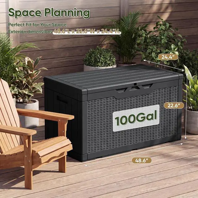 Alt view image 4 of 7 - Outdoor Storage Box 100 Gallon Waterproof Resin Deck Box Delivery Box with Air Rod Indoor Outdoor Lockable Storage Bench for Patio Cushions, Tools, Pool Accessories (Black)