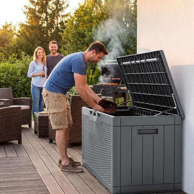 Alt view image 5 of 7 - Outdoor Storage Box 100 Gallon Waterproof Resin Deck Box Delivery Box with Air Rod Indoor Outdoor Lockable Storage Bench for Patio Cushions, Tools, Pool Accessories (Gray)
