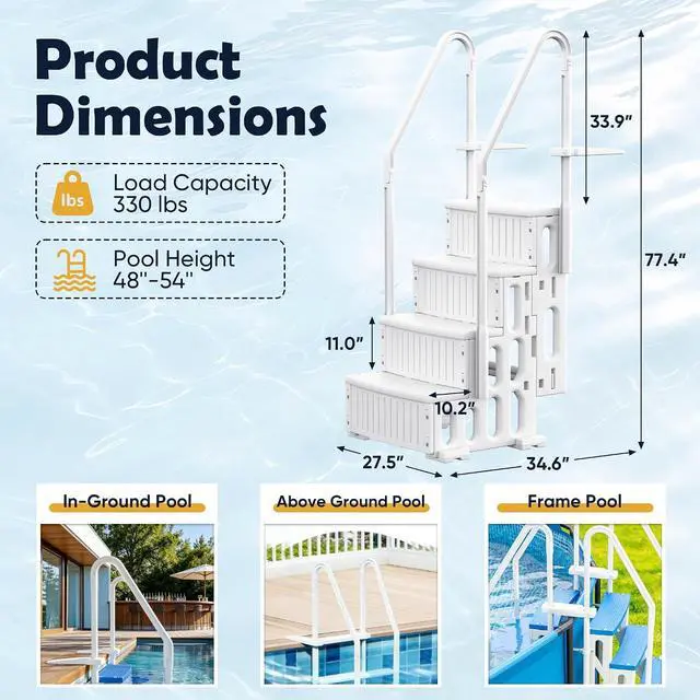 Alt view image 3 of 7 - Above Ground Pool Ladder with Non-Slip Steps, Heavy Duty Swimming Pool Ladder with Double Handrails&4 Stairs, for 48 to 54 inch Inground and Pools Above Ground (White)