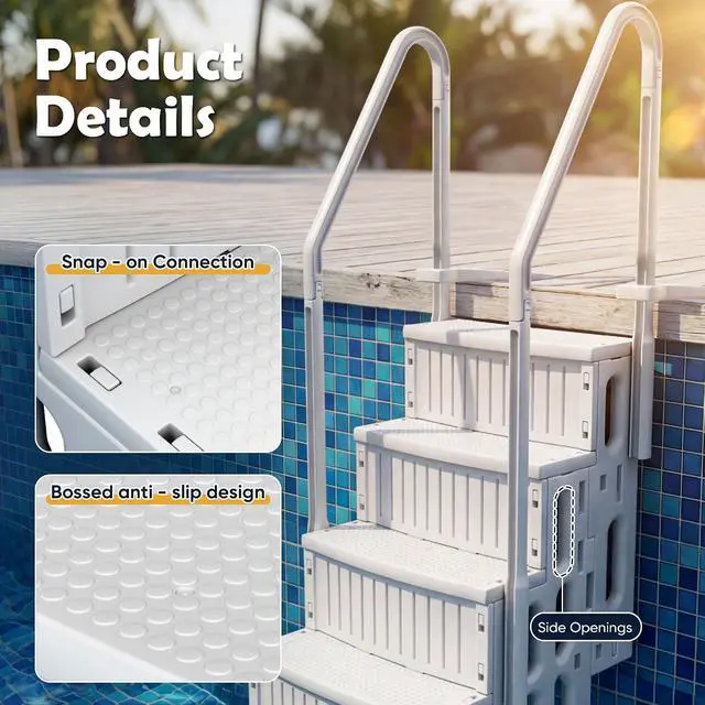 Alt view image 4 of 7 - Above Ground Pool Ladder with Non-Slip Steps, Heavy Duty Swimming Pool Ladder with Double Handrails&4 Stairs, for 48 to 54 inch Inground and Pools Above Ground (White)