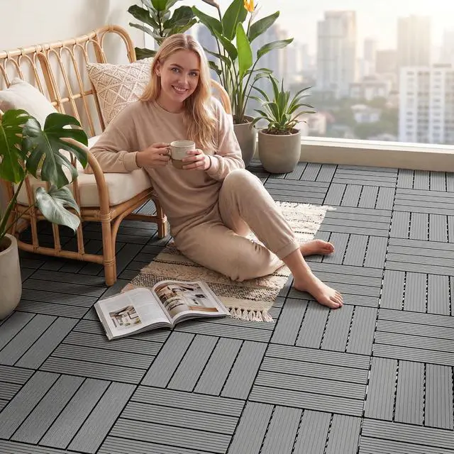 Alt view image 6 of 7 - Plastic Interlocking Deck Tiles, 60 Pcs Waterproof Patio Floor Tiles for Balcony, Porch, Poolside and Backyard, Dark Gray