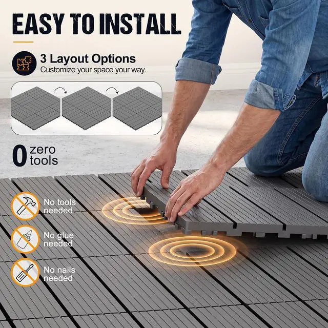 Alt view image 7 of 7 - Plastic Interlocking Deck Tiles, 60 Pcs Waterproof Patio Floor Tiles for Balcony, Porch, Poolside and Backyard, Dark Gray