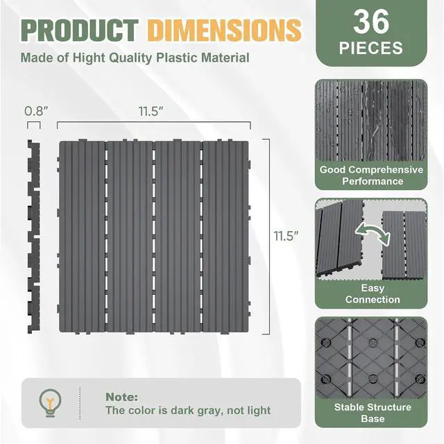 Alt view image 4 of 7 - Plastic Interlocking Deck Tiles, 36 Pcs Waterproof Patio Floor Tiles for Balcony, Porch, Poolside and Backyard, Dark Gray