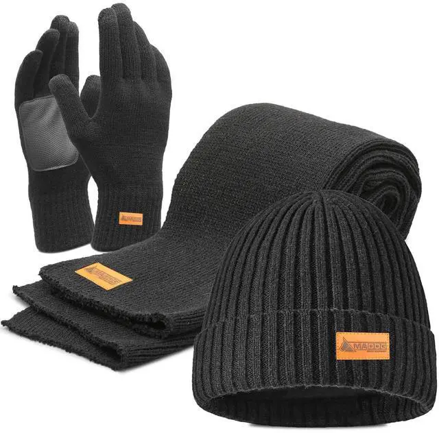 Main image of MADOG Winter Warm Knit Synthetic Wool Beanie Hat Scarf Touchscreen Gloves Set Long Neck Scarf Set with Fleece Lined Skull Caps Gifts for Women Men (Black)
