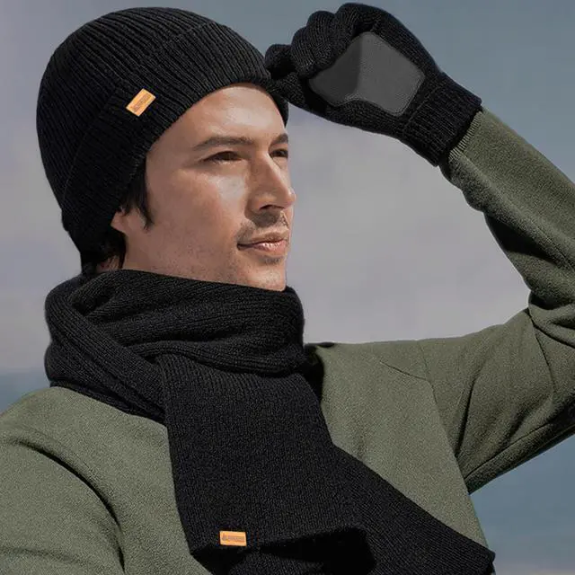 Alt view image 3 of 7 - MADOG Winter Warm Knit Synthetic Wool Beanie Hat Scarf Touchscreen Gloves Set Long Neck Scarf Set with Fleece Lined Skull Caps Gifts for Women Men (Black)