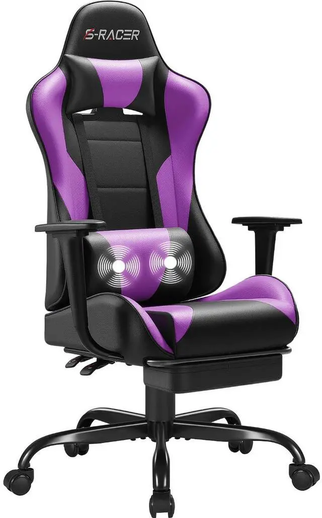 Main image of Gaming Chairs, Computer Chair with Footrest and Massage Lumbar Support, Height Adjustable Game Chair with Headrest and Swivel Seat (Purple)
