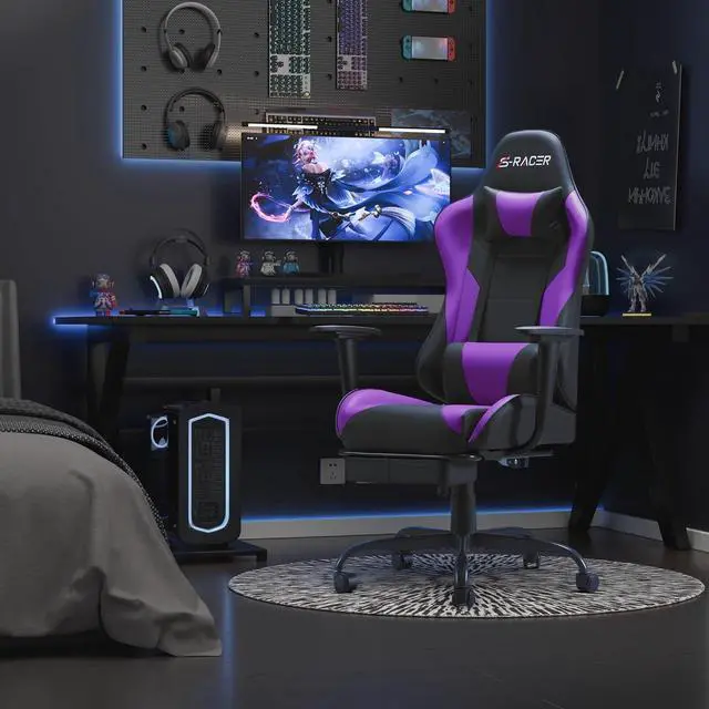 Alt view image 2 of 7 - Gaming Chairs, Computer Chair with Footrest and Massage Lumbar Support, Height Adjustable Game Chair with Headrest and Swivel Seat (Purple)