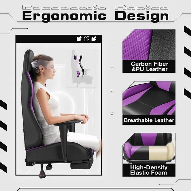 Alt view image 4 of 7 - Gaming Chairs, Computer Chair with Footrest and Massage Lumbar Support, Height Adjustable Game Chair with Headrest and Swivel Seat (Purple)