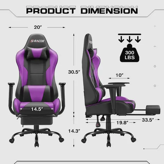 Alt view image 3 of 7 - Gaming Chairs, Computer Chair with Footrest and Massage Lumbar Support, Height Adjustable Game Chair with Headrest and Swivel Seat (Purple)
