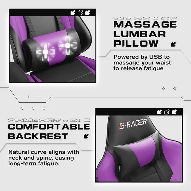 Alt view image 5 of 7 - Gaming Chairs, Computer Chair with Footrest and Massage Lumbar Support, Height Adjustable Game Chair with Headrest and Swivel Seat (Purple)