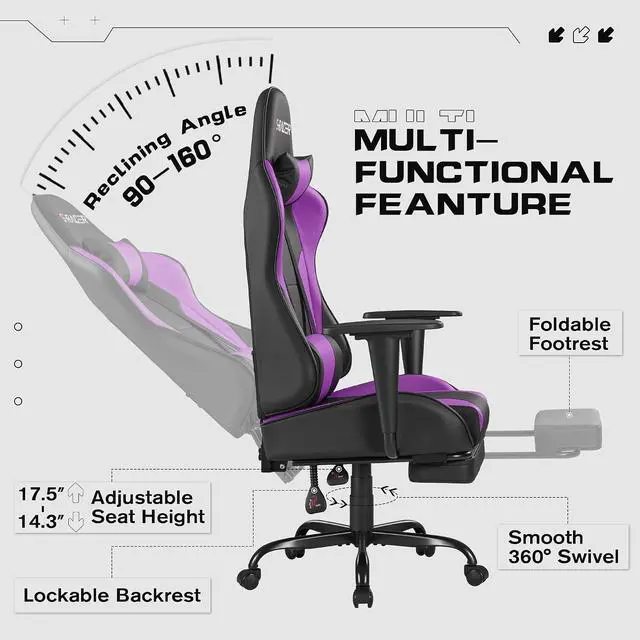 Alt view image 6 of 7 - Gaming Chairs, Computer Chair with Footrest and Massage Lumbar Support, Height Adjustable Game Chair with Headrest and Swivel Seat (Purple)