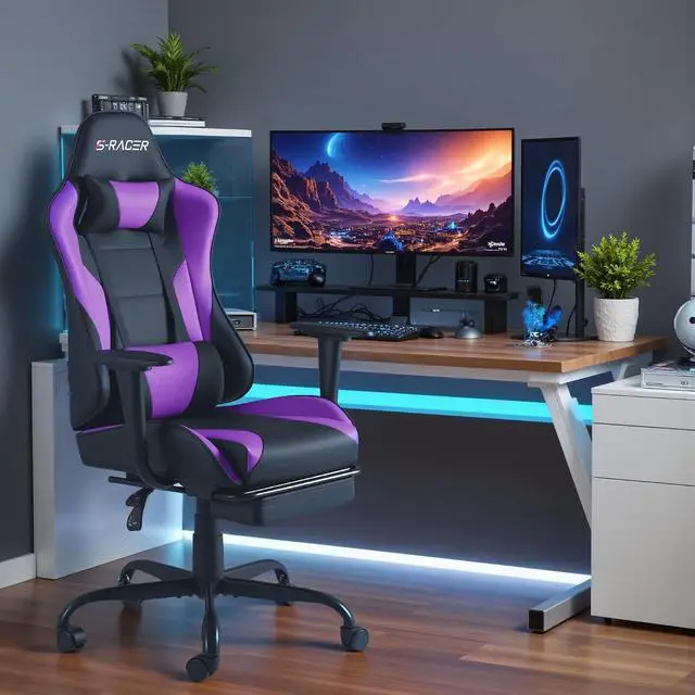 Alt view image 7 of 7 - Gaming Chairs, Computer Chair with Footrest and Massage Lumbar Support, Height Adjustable Game Chair with Headrest and Swivel Seat (Purple)