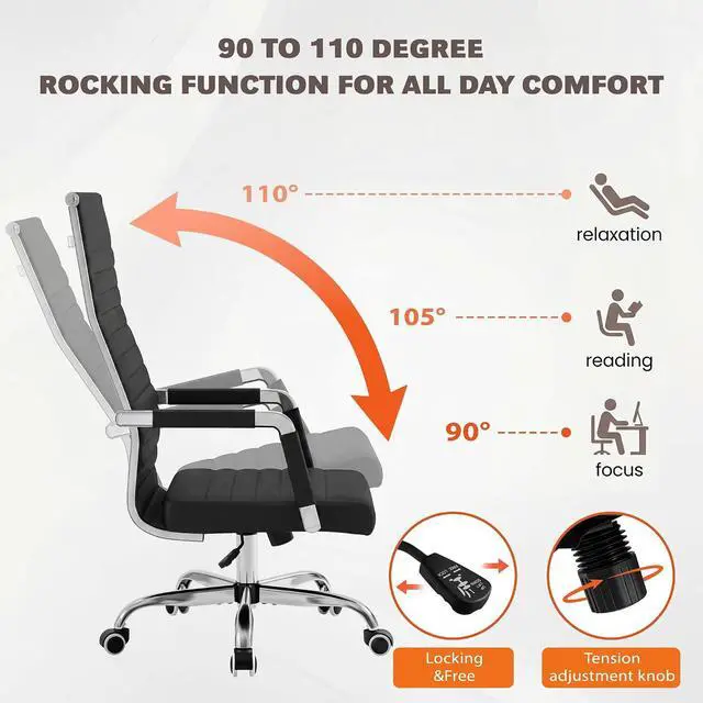 Alt view image 6 of 7 - Ribbed Office Chair High Back PU Leather Executive Conference Chair Adjustable Swivel Chair with Arms, Black