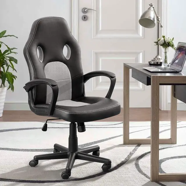 Alt view image 2 of 7 - Office Chair Desk Chair Leather Gaming Chair Computer Chair Racing Style Ergonomic Adjustable Swivel Task Chair with Lumbar Support and Arms (Grey)