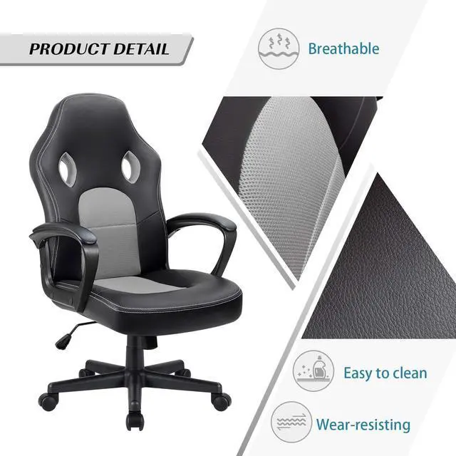 Alt view image 4 of 7 - Office Chair Desk Chair Leather Gaming Chair Computer Chair Racing Style Ergonomic Adjustable Swivel Task Chair with Lumbar Support and Arms (Grey)