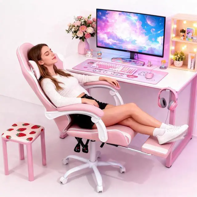 Alt view image 2 of 7 - Pink Gaming Chair with Headrest & Lumbar Support, Ergonomic Computer Desk Chair with Footrest, Adjustable Height Leather Racing Chair for Adults Teens Women Girl Gamer Office