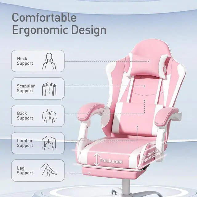 Alt view image 4 of 7 - Pink Gaming Chair with Headrest & Lumbar Support, Ergonomic Computer Desk Chair with Footrest, Adjustable Height Leather Racing Chair for Adults Teens Women Girl Gamer Office
