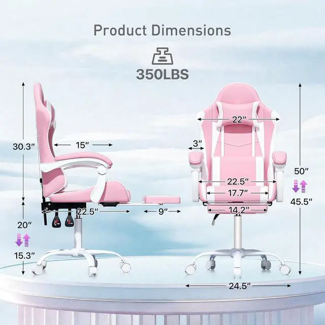 Alt view image 3 of 7 - Pink Gaming Chair with Headrest & Lumbar Support, Ergonomic Computer Desk Chair with Footrest, Adjustable Height Leather Racing Chair for Adults Teens Women Girl Gamer Office