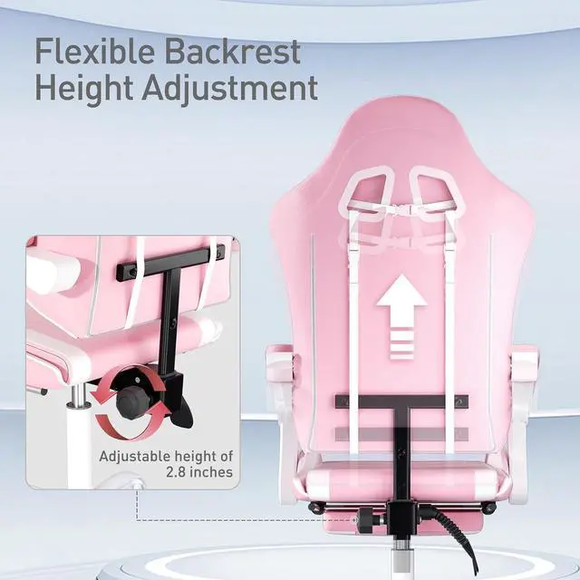 Alt view image 6 of 7 - Pink Gaming Chair with Headrest & Lumbar Support, Ergonomic Computer Desk Chair with Footrest, Adjustable Height Leather Racing Chair for Adults Teens Women Girl Gamer Office