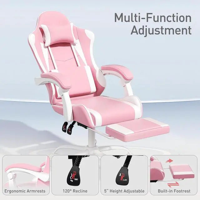 Alt view image 5 of 7 - Pink Gaming Chair with Headrest & Lumbar Support, Ergonomic Computer Desk Chair with Footrest, Adjustable Height Leather Racing Chair for Adults Teens Women Girl Gamer Office