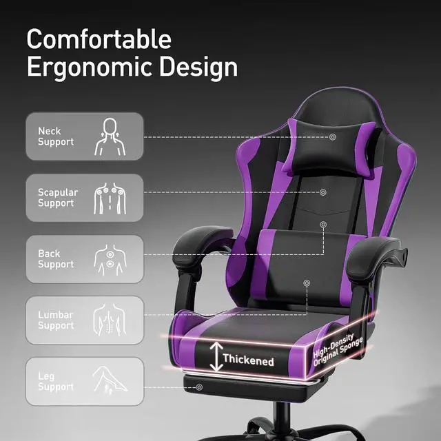 Alt view image 5 of 7 - Gaming Chair Office Chair Leather High Back Computer Chair with Headrest and Lumbar Support 360° Swivel Ergonomic Footrest Adjustable Gamer Chair for Adult Teen Home Office Using, Purple