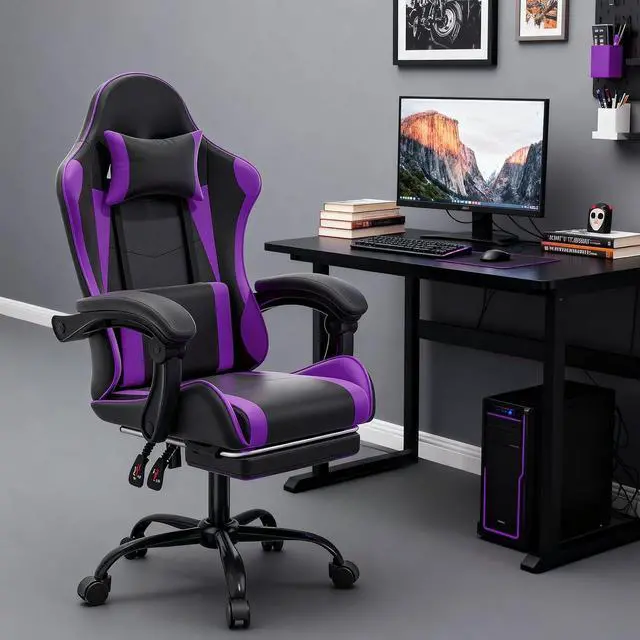 Alt view image 2 of 7 - Gaming Chair Office Chair Leather High Back Computer Chair with Headrest and Lumbar Support 360° Swivel Ergonomic Footrest Adjustable Gamer Chair for Adult Teen Home Office Using, Purple