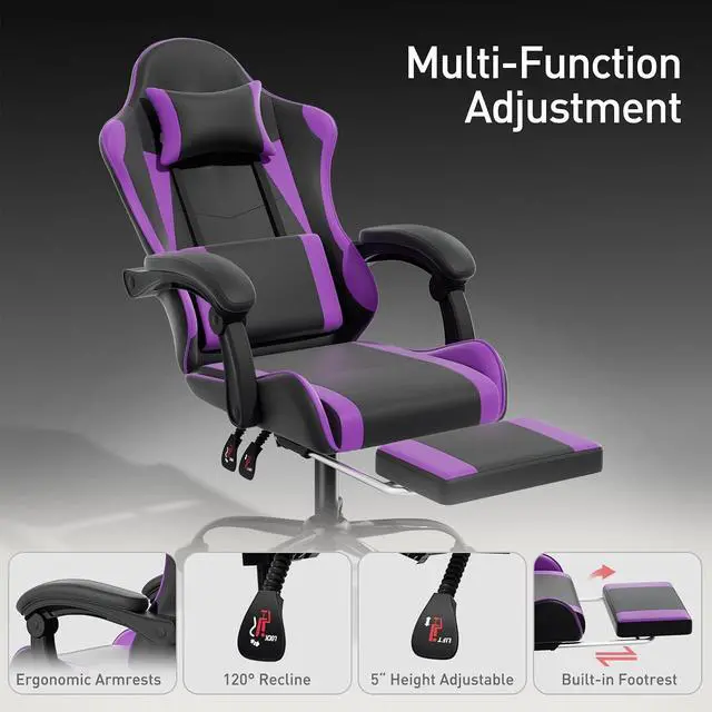 Alt view image 6 of 7 - Gaming Chair Office Chair Leather High Back Computer Chair with Headrest and Lumbar Support 360° Swivel Ergonomic Footrest Adjustable Gamer Chair for Adult Teen Home Office Using, Purple