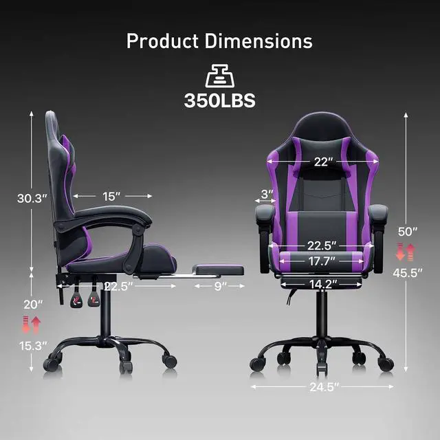 Alt view image 3 of 7 - Gaming Chair Office Chair Leather High Back Computer Chair with Headrest and Lumbar Support 360° Swivel Ergonomic Footrest Adjustable Gamer Chair for Adult Teen Home Office Using, Purple