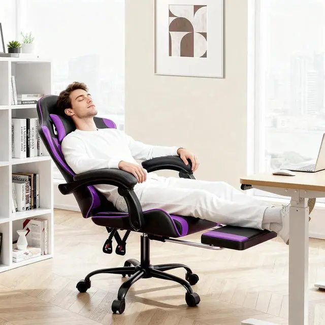 Alt view image 4 of 7 - Gaming Chair Office Chair Leather High Back Computer Chair with Headrest and Lumbar Support 360° Swivel Ergonomic Footrest Adjustable Gamer Chair for Adult Teen Home Office Using, Purple