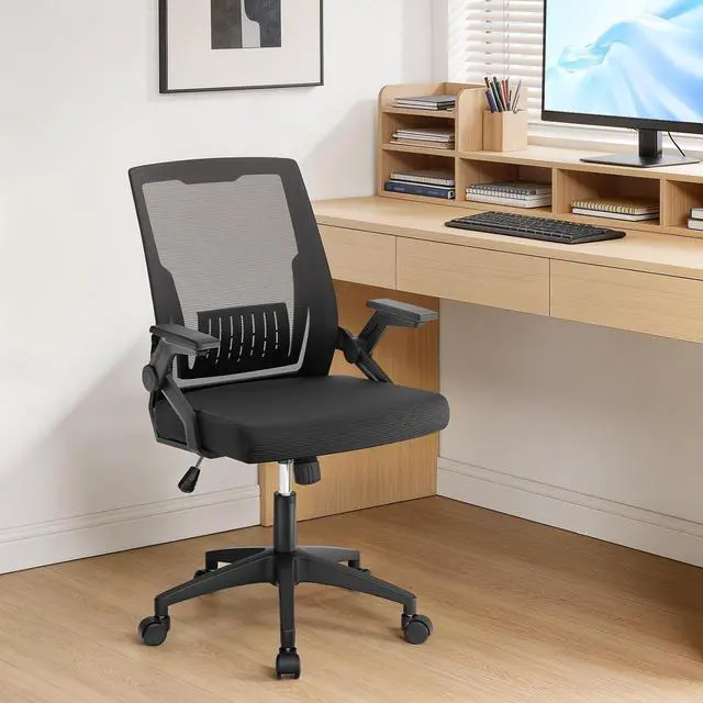 Alt view image 2 of 7 - Mid Back Mesh Office Chair with Flip-Up & Sliding Armrests, 1822" Adjustable Seat Height, Ergonomic Desk Chair with Rocking Function, for Home Office, Black