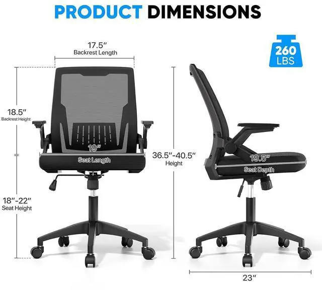 Alt view image 3 of 7 - Mid Back Mesh Office Chair with Flip-Up & Sliding Armrests, 1822" Adjustable Seat Height, Ergonomic Desk Chair with Rocking Function, for Home Office, Black