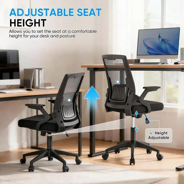 Alt view image 4 of 7 - Mid Back Mesh Office Chair with Flip-Up & Sliding Armrests, 1822" Adjustable Seat Height, Ergonomic Desk Chair with Rocking Function, for Home Office, Black